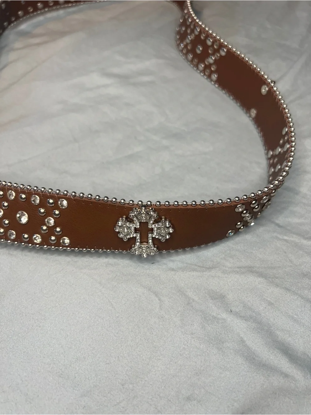Y2K Brown Crystal-Studded Women's Leather Belt